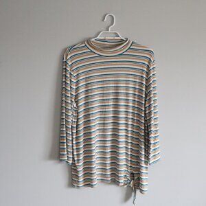 St. John's Bay Women's Sz XL Tan Striped Tie Front Mock Neck Ribbed Pullover Top